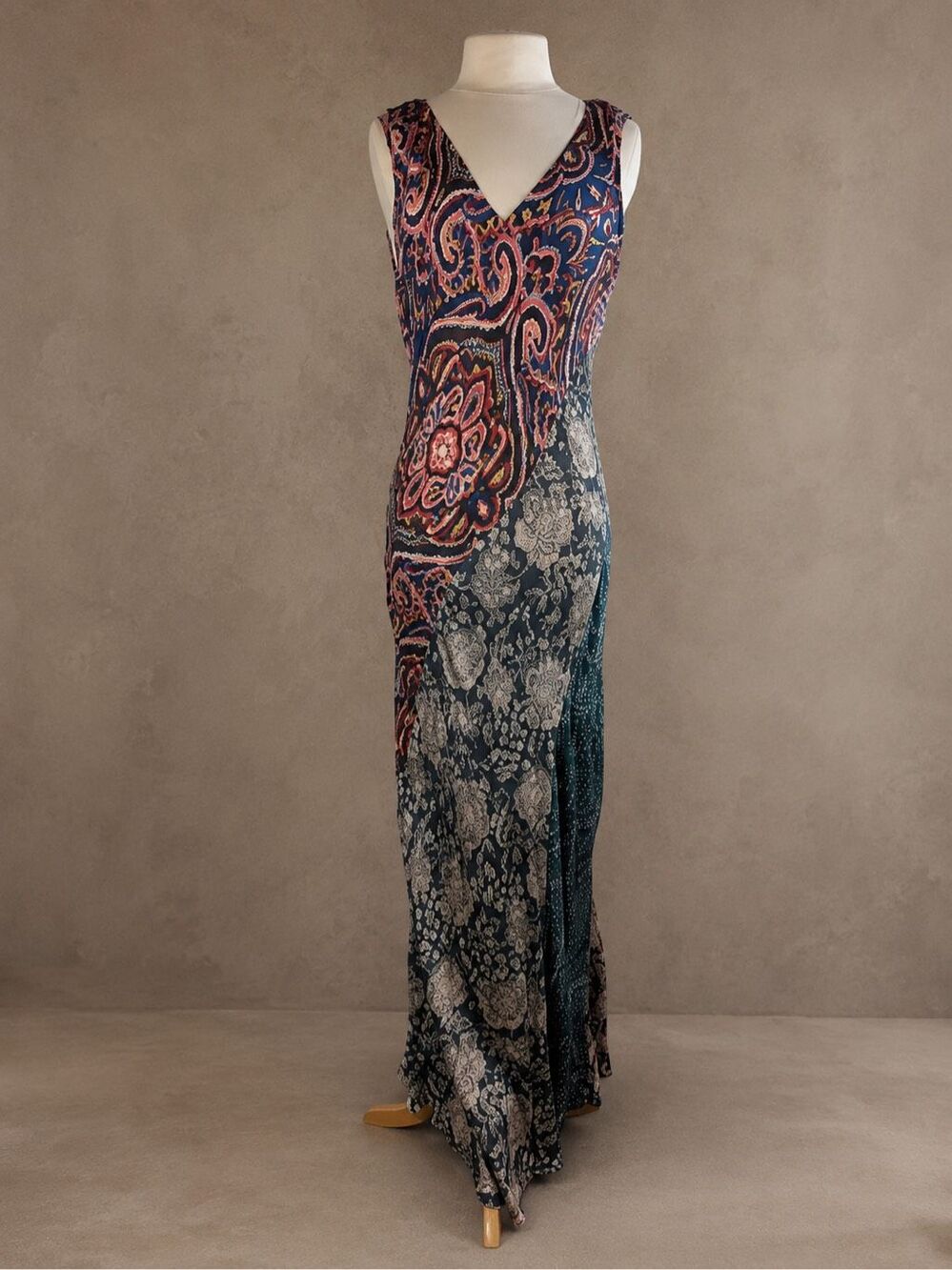 Anthropologie Kachel Size L Floral Sleeveless Maxi Dress Mixed Print Boho V-Neck